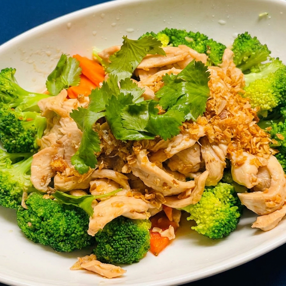 Plate of sliced chicken with broccoli, carrots, crispy onions, and fresh cilantro on a white oval dish.