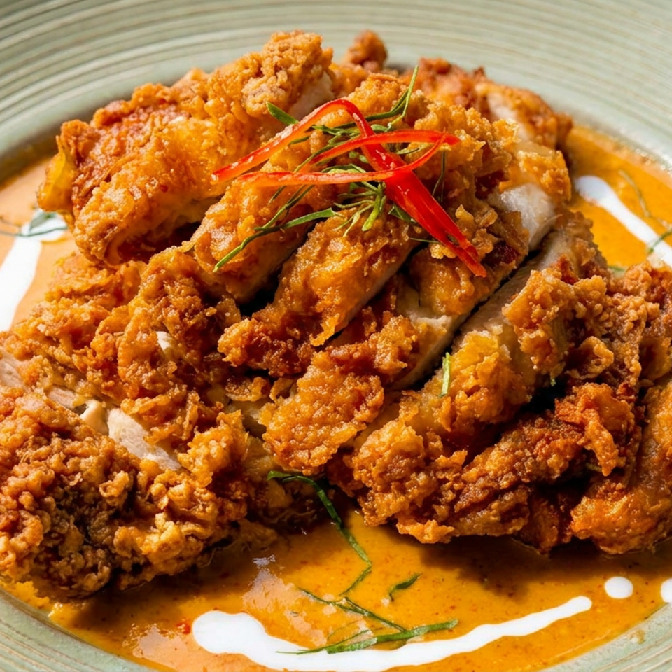 Crispy fried chicken pieces served in orange curry sauce, garnished with red chili and fresh herbs on a ridged plate.