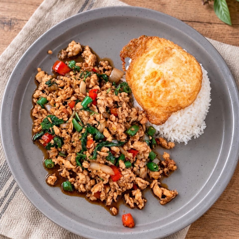 Thai-style minced meat stir-fry with basil, chilies, jasmine rice, and a crispy fried egg on a gray plate.