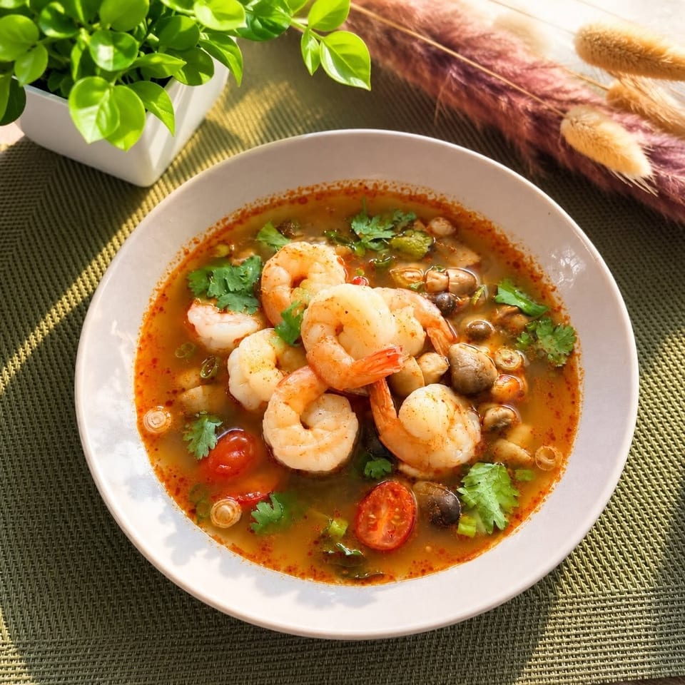 Bowl of spicy shrimp soup with mushrooms, tomatoes, herbs, and green onions on a woven placemat.