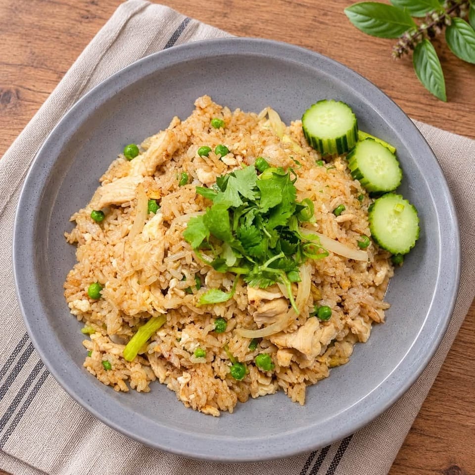 Plate of chicken fried rice with peas, onions, cilantro, and cucumber slices on a gray dish.